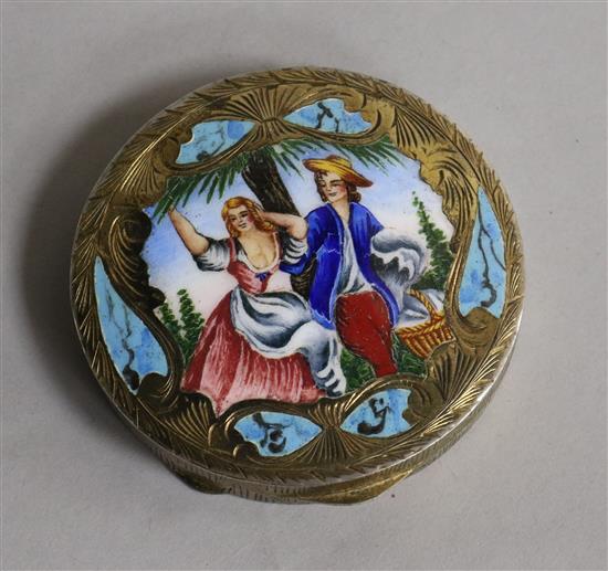 A late 19th/early 20th century continental engraved 800 white metal and enamel circular compact, 7cm.